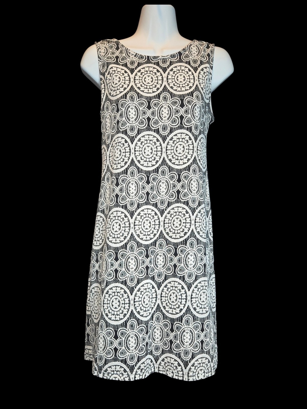 Papillon Blanc Black Dress with White Lace Medallion Pattern